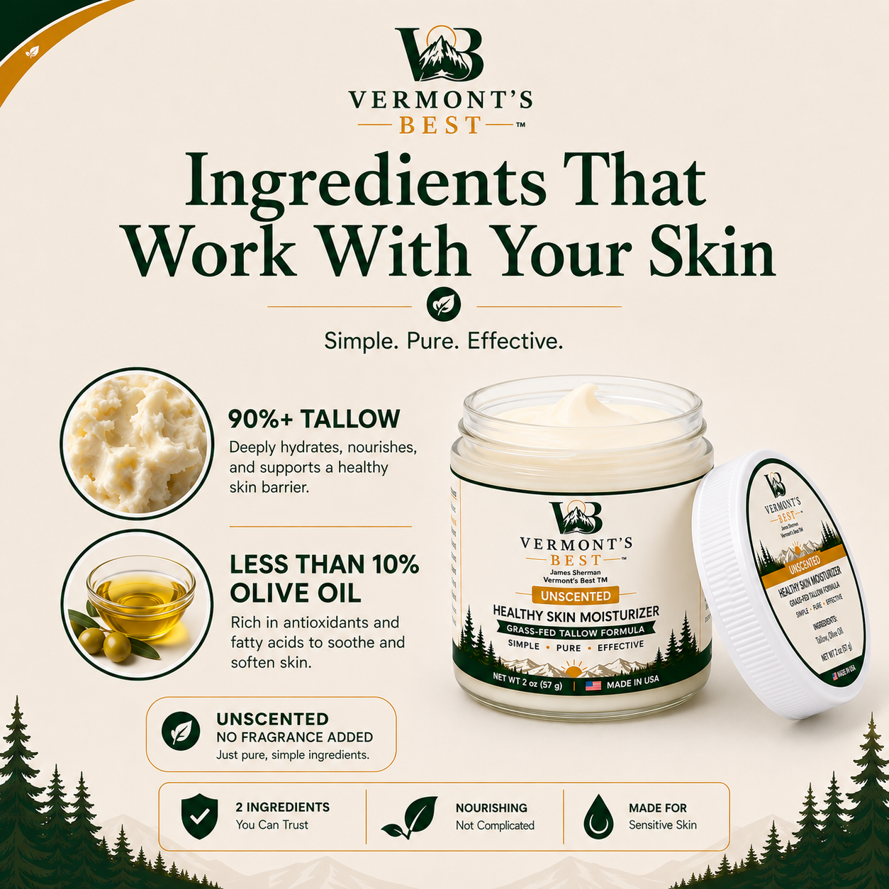 Grass-Fed Tallow Moisturizer Unscented ingredient and benefits infographic