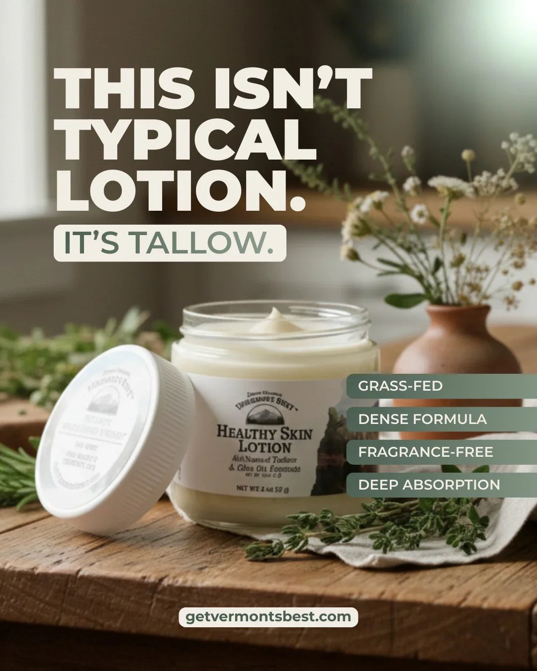 Grass-Fed Tallow Moisturizer in a jar, highlighting its dense, fragrance-free formula for deep skin absorption.