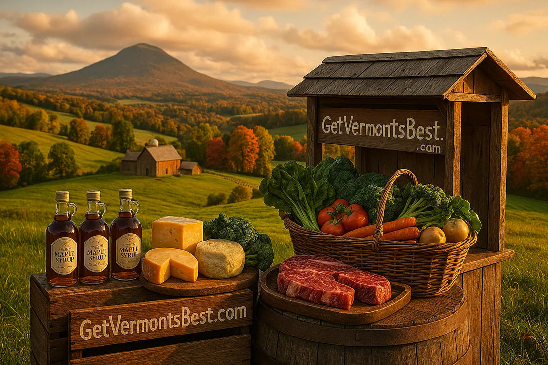 Vermont farm at golden hour with maple syrup, cheese, steak, and fresh vegetables, Get Vermont's Best.