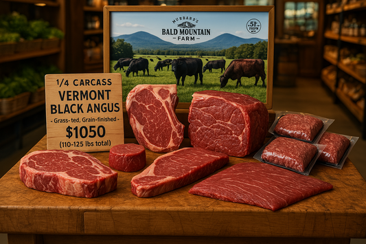 1/4 Carcass Vermont Black Angus - Grass-fed, Grain-finished - $1050 (110-125 lbs total beef)