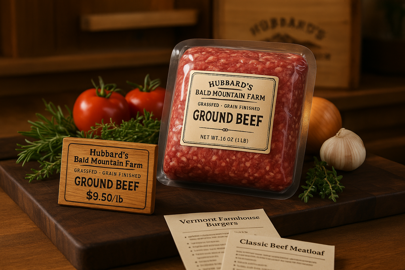 Hubbard's Bald Mountain Farm Grassfed Grain Finished Ground Beef 20-40 lbs boxes $11.95 per lb patties