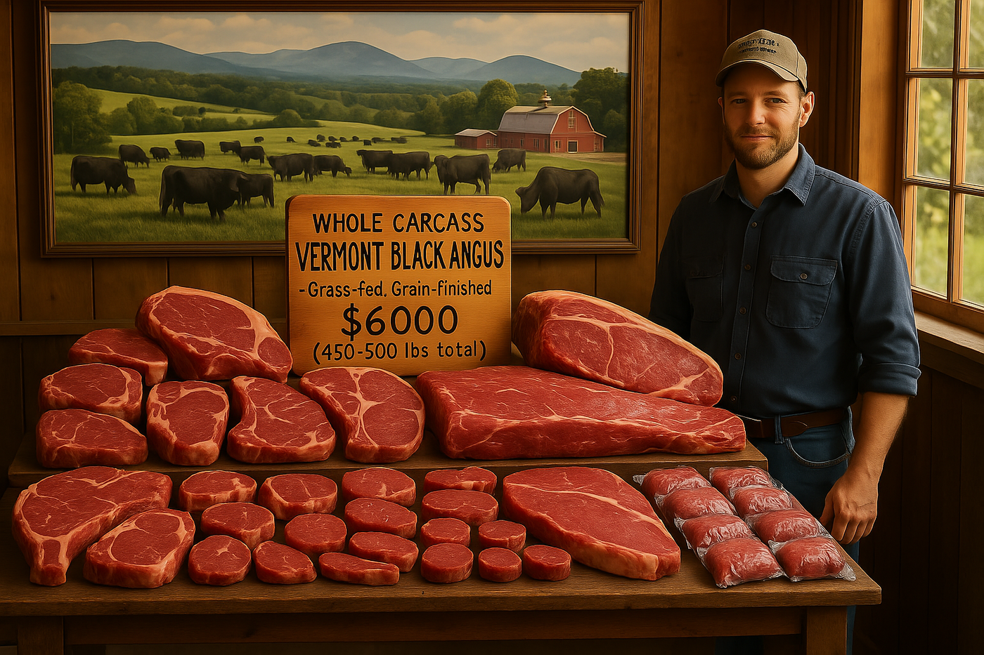 Whole Carcass Vermont Black Angus $6000 - Grass-fed, Grain-finished  (450-500 lbs total beef)